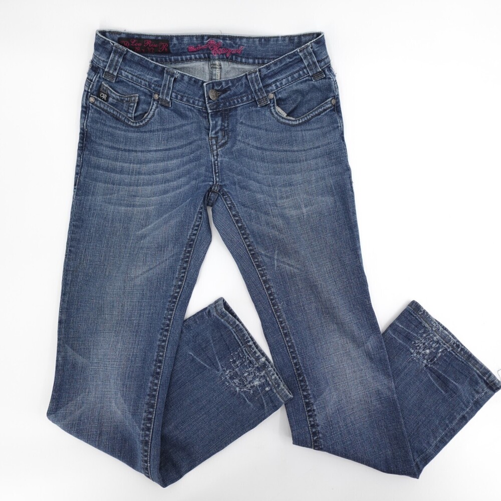 Rock 7 Roll Cowgirl Jeans Womens 28 Blue Denim Flare Leg Low Rise Flap Pocket